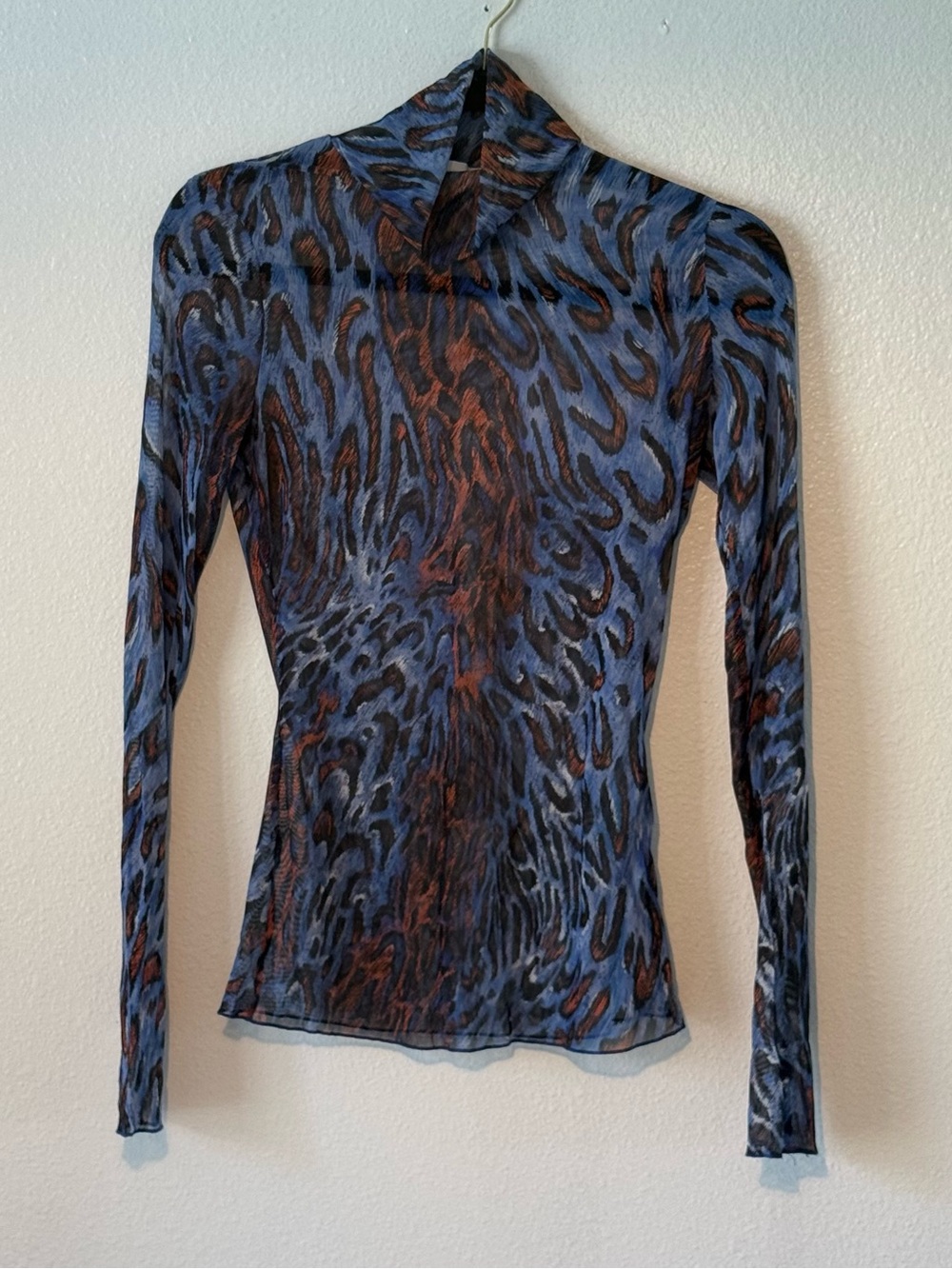 Jonathan Simkhai Blue and Brown Sheer Animal-Print Long Sleeve Top